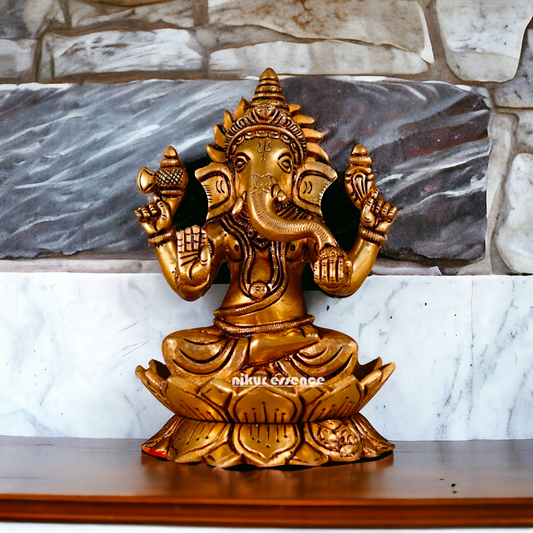 Ganesha Ganpati setting on Lotus antique Brass Idol - 7 Inches Nikuressence