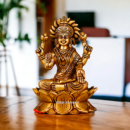 Lakshmi setting on Lotus antique Brass Idol - 7 Inches Nikuressence