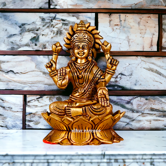 Lakshmi setting on Lotus antique Brass Idol - 7 Inches Nikuressence