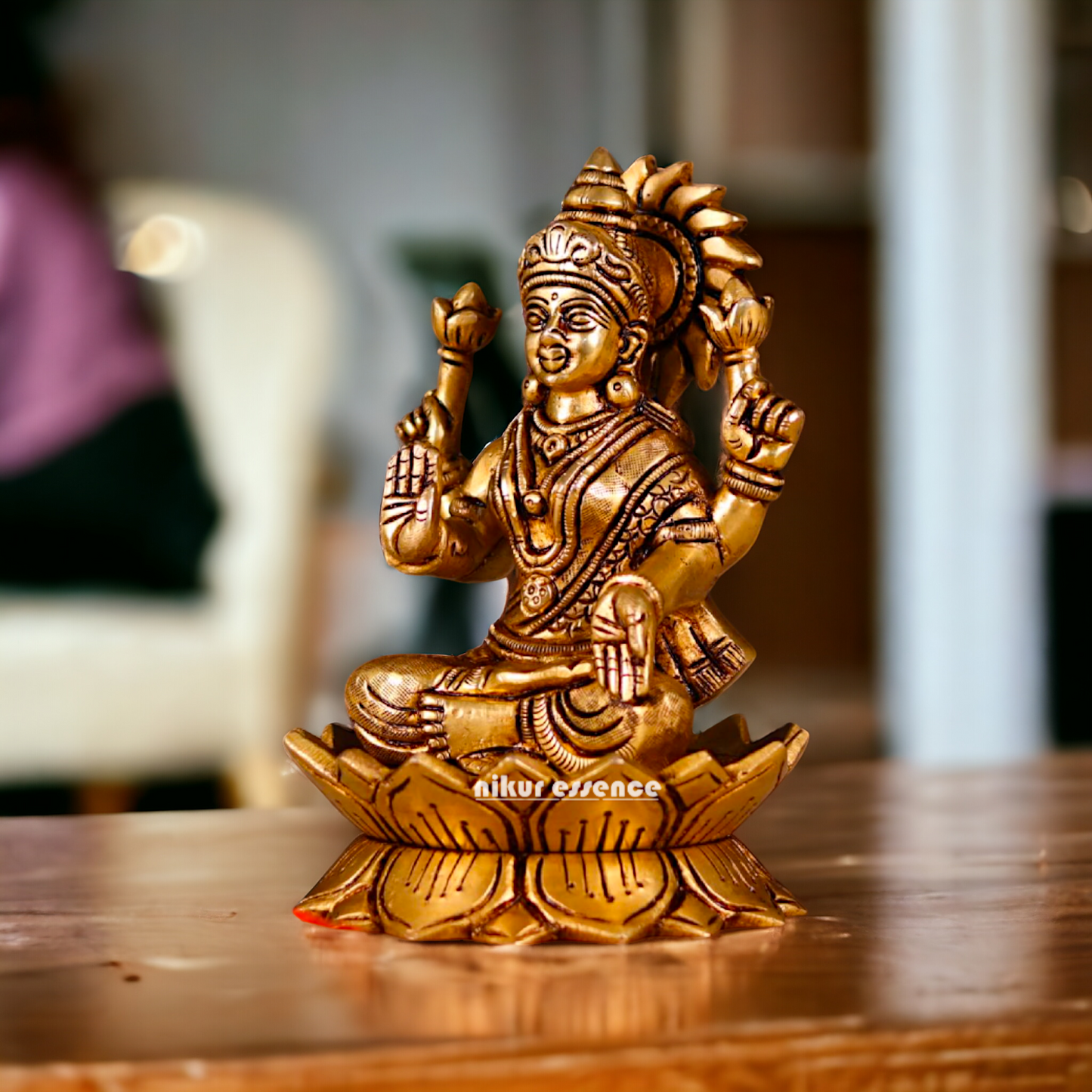 Lakshmi setting on Lotus antique Brass Idol - 7 Inches Nikuressence