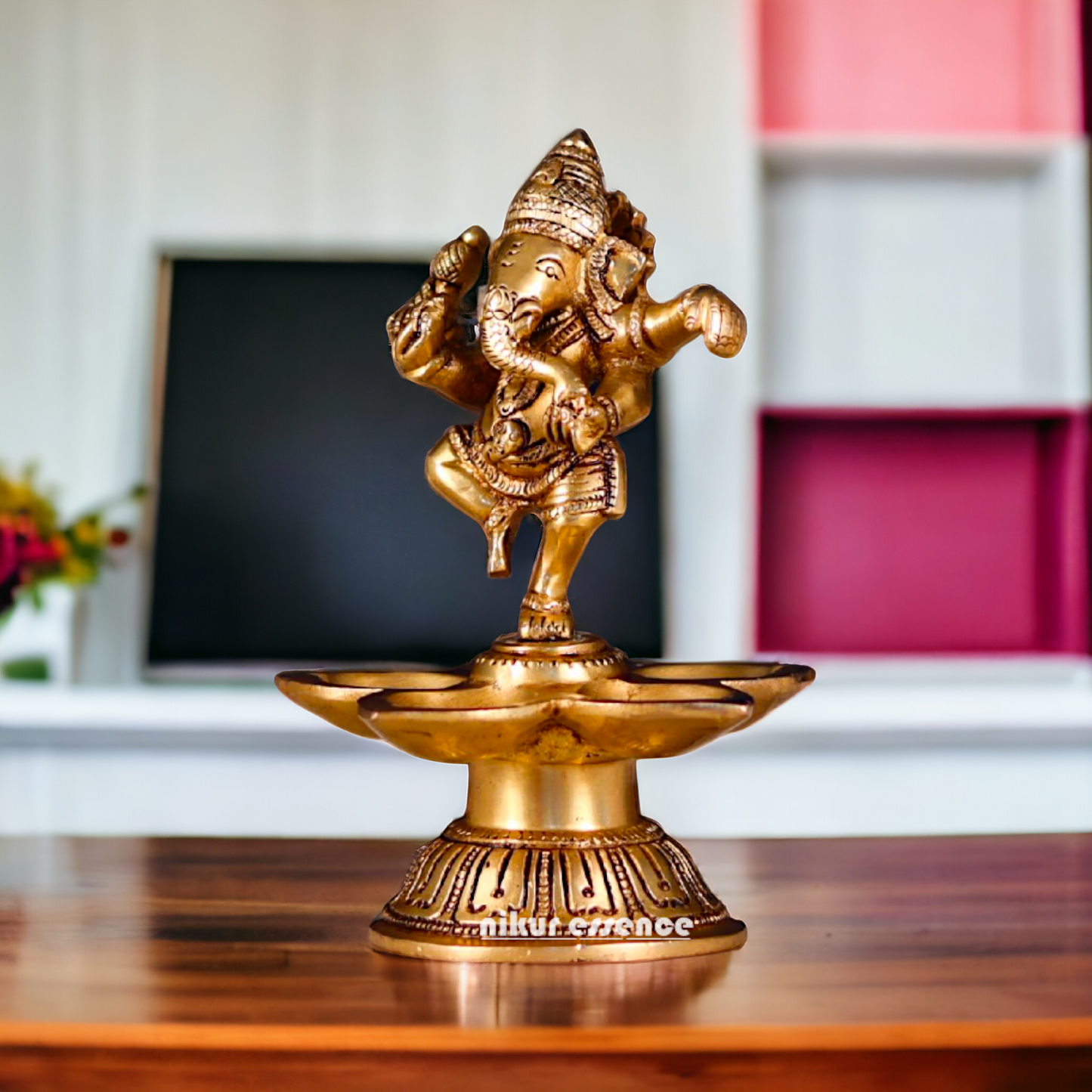 Ganesha Dancing with diya Pital brass - 5.5 Inches Nikuressence