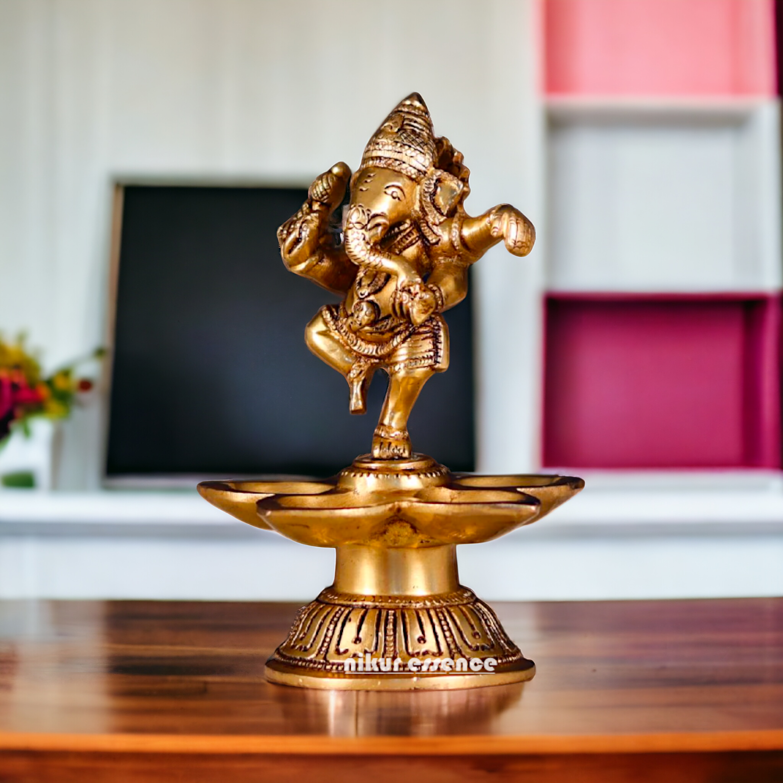 Ganesha Dancing with diya Pital brass - 5.5 Inches Nikuressence