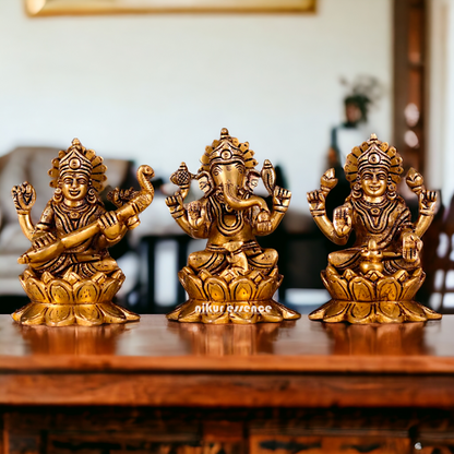 Lakshmi Ganesha Saraswati Pital Brass idol - 4.5 Inches Nikuressence
