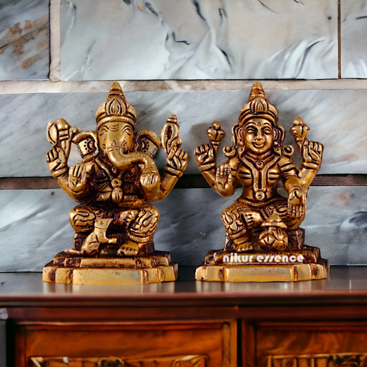 Lakshmi Ganesha Pital Antique Brass idol - 3.5 Inches Nikuressence