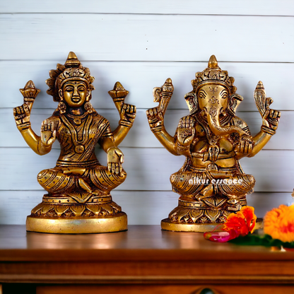 Pure Brass Lakshmi Ganesha Seated on Lotus Pital Murti - 5.5 Inches Nikuressence
