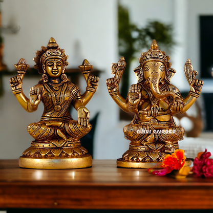 Pure Brass Lakshmi Ganesha Seated on Lotus Pital Murti - 5.5 Inches Nikuressence