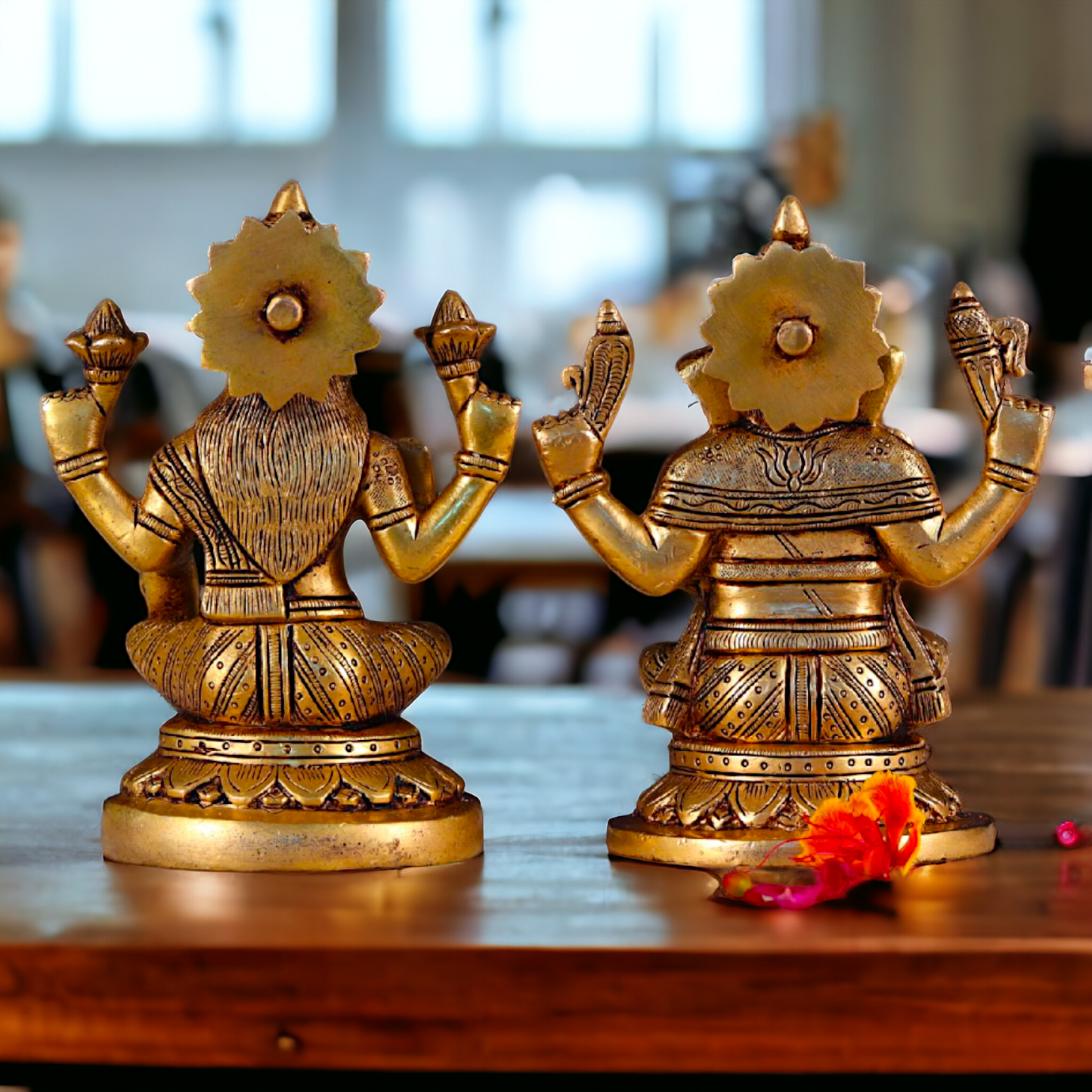 Pure Brass Lakshmi Ganesha Seated on Lotus Pital Murti - 5.5 Inches Nikuressence