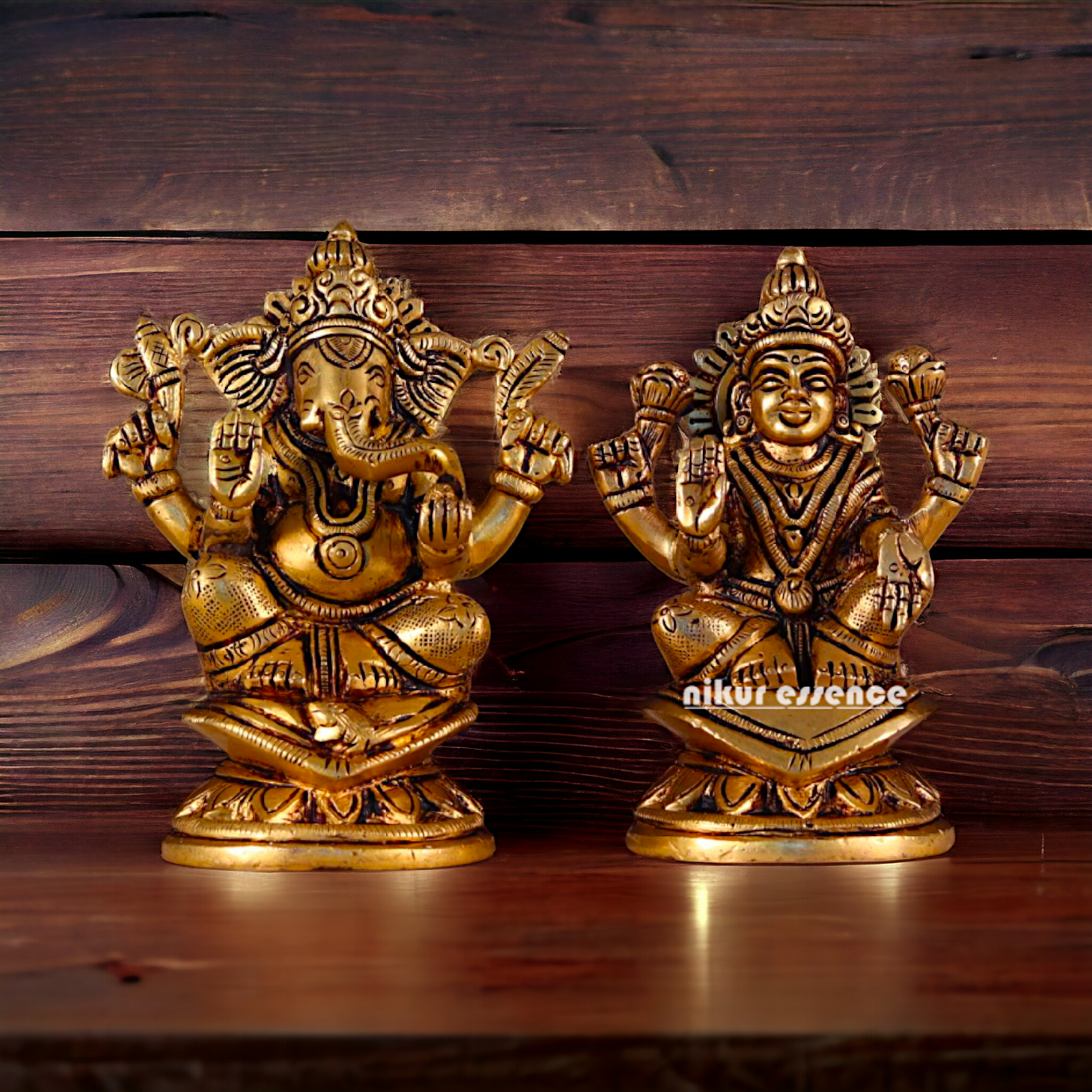 Antique Brass Lakshmi Ganesha Sitting Pital Idol - 4.8 inches Nikuressence