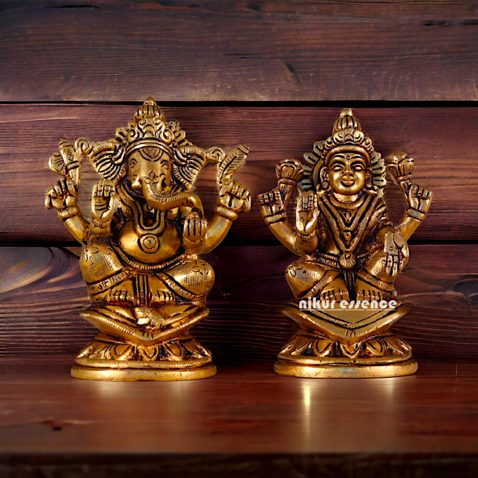 Antique Brass Lakshmi Ganesha Sitting Pital Idol - 4.8 inches Nikuressence