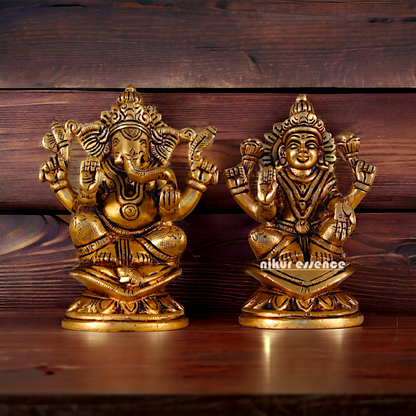 Antique Brass Lakshmi Ganesha Sitting Pital Idol - 4.8 inches Nikuressence