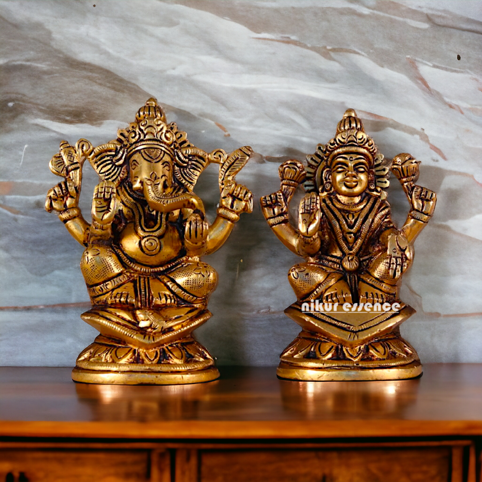 Antique Brass Lakshmi Ganesha Sitting Pital Idol - 4.8 inches Nikuressence