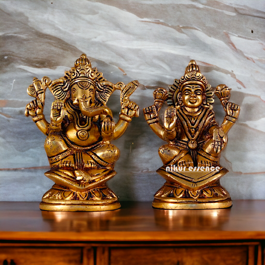 Antique Brass Lakshmi Ganesha Sitting Pital Idol - 4.8 inches Nikuressence