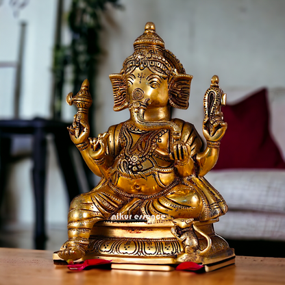 Superfine Brass Ganesha Seated Pital Murti - 10 inches Nikuressence