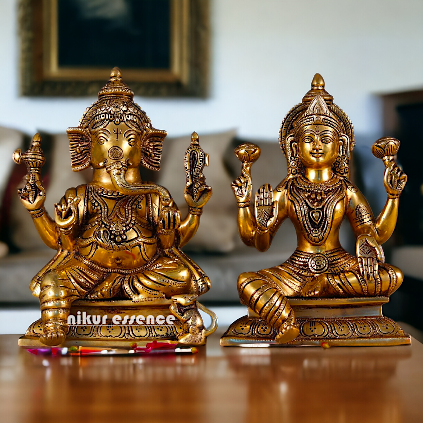 Superfine Brass Lakshmi Ganesha Seated Pital Murti - 10 inches Nikuressence