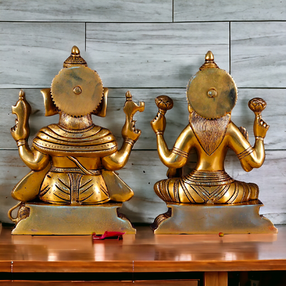 Superfine Brass Lakshmi Ganesha Seated Pital Murti - 10 inches Nikuressence