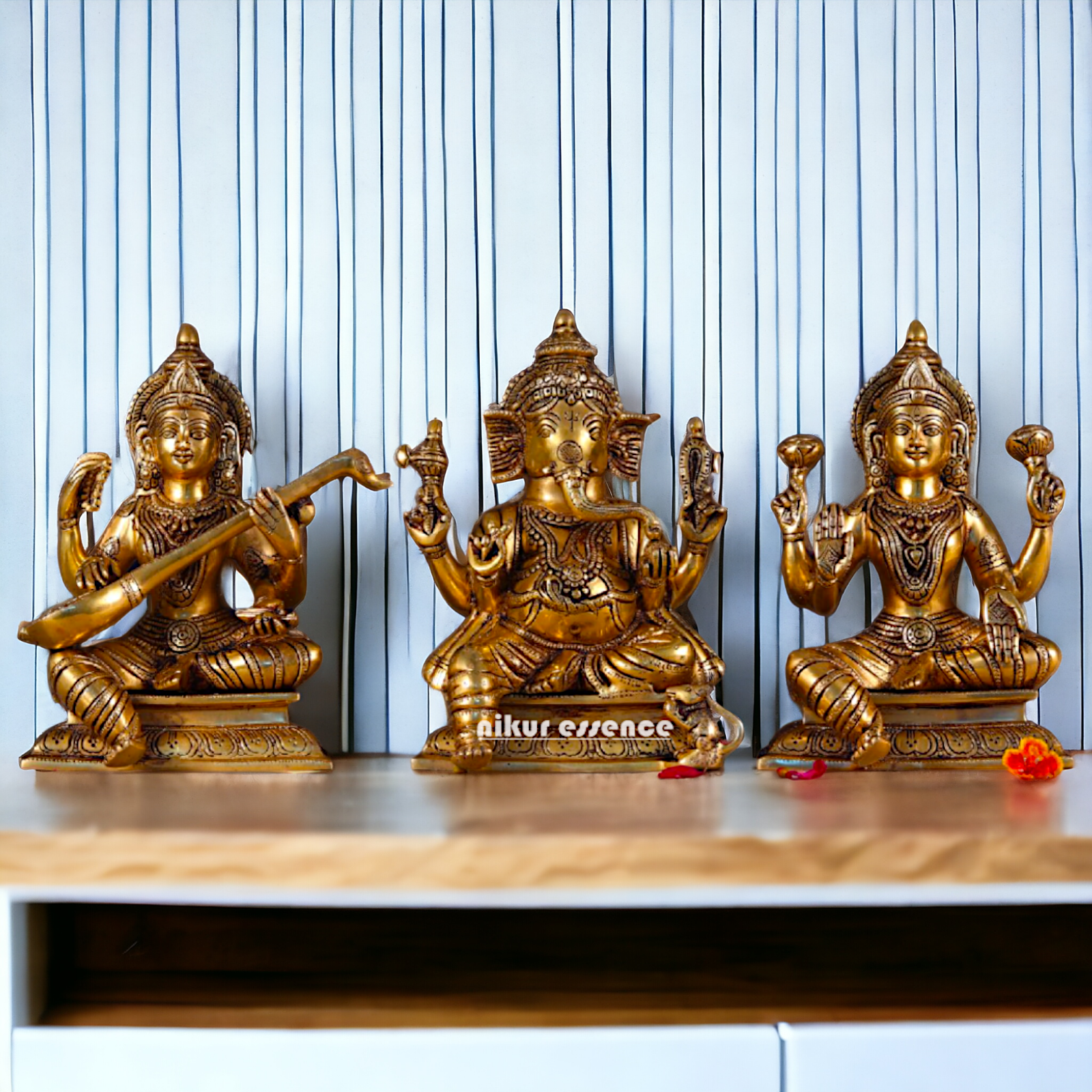 Pital Lakshmi Ganesha Saraswati Seated Brass idol - 10 inches Nikuressence