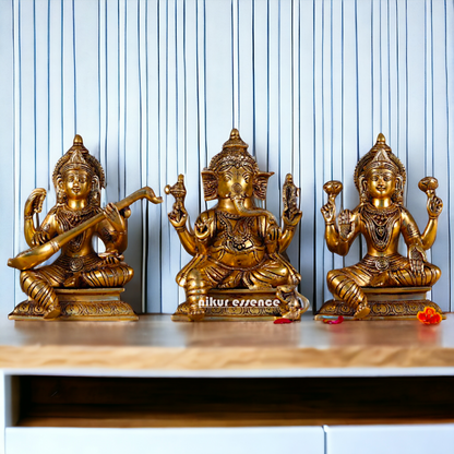 Pital Lakshmi Ganesha Saraswati Seated Brass idol - 10 inches Nikuressence