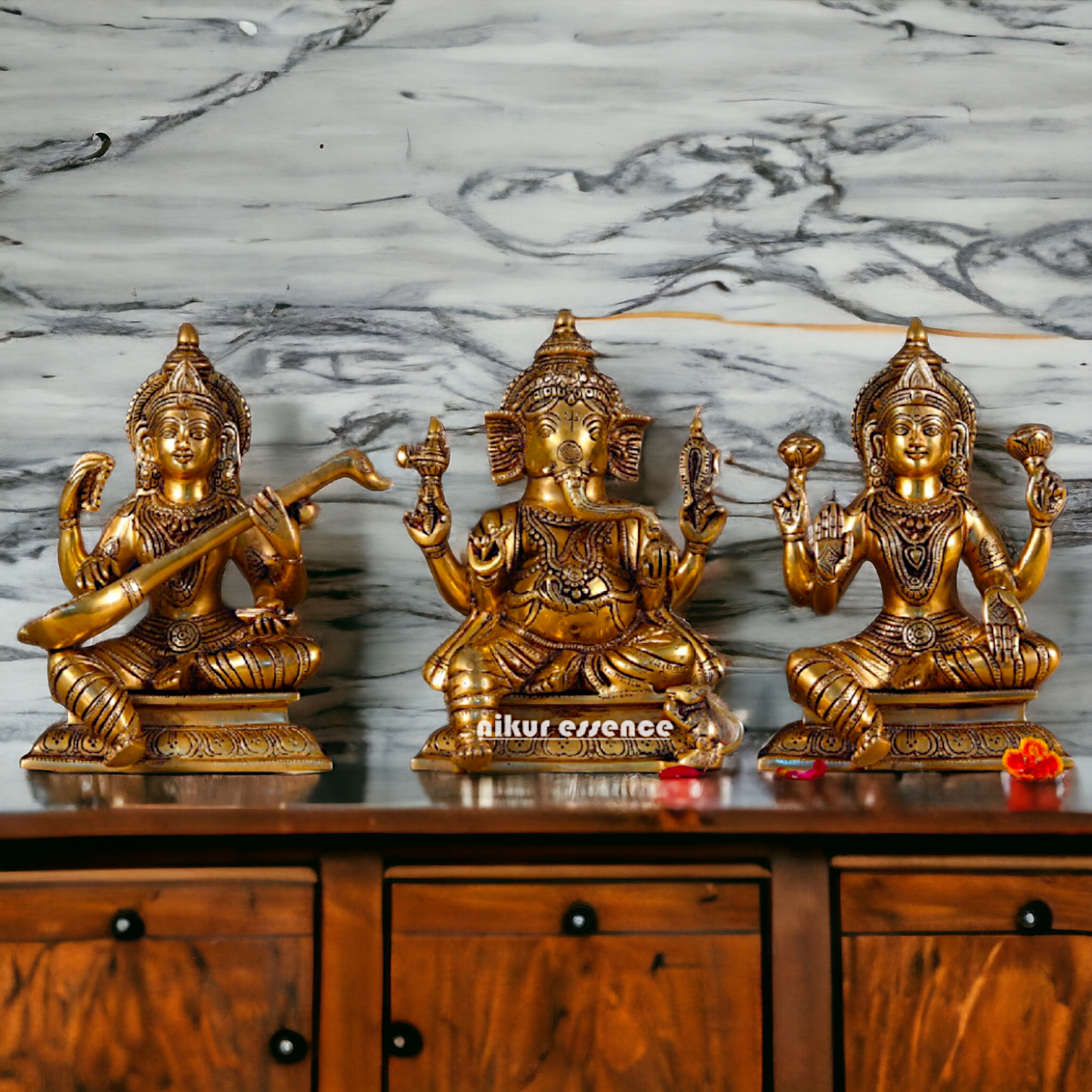 Pital Lakshmi Ganesha Saraswati Seated Brass idol - 10 inches Nikuressence