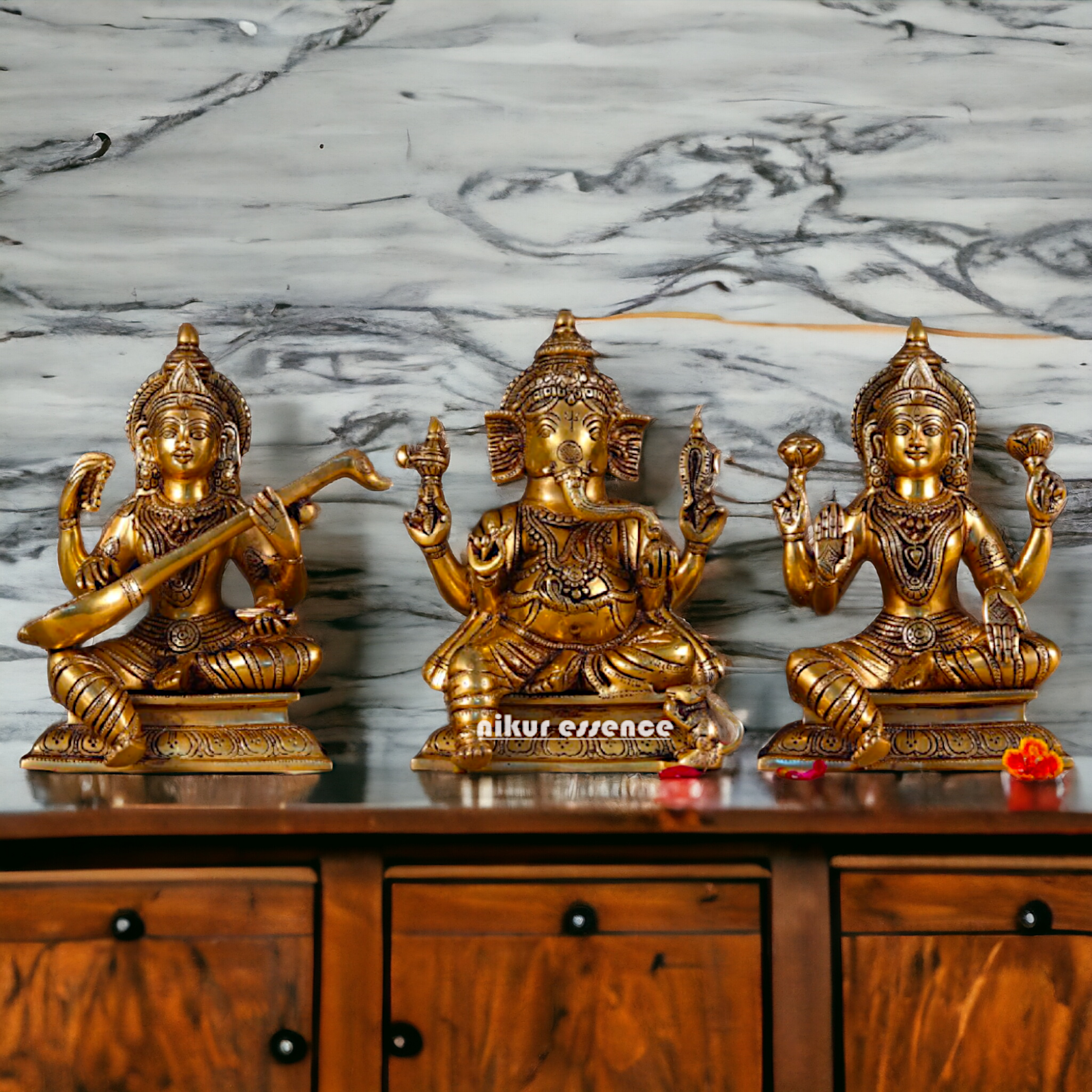 Pital Lakshmi Ganesha Saraswati Seated Brass idol - 10 inches Nikuressence