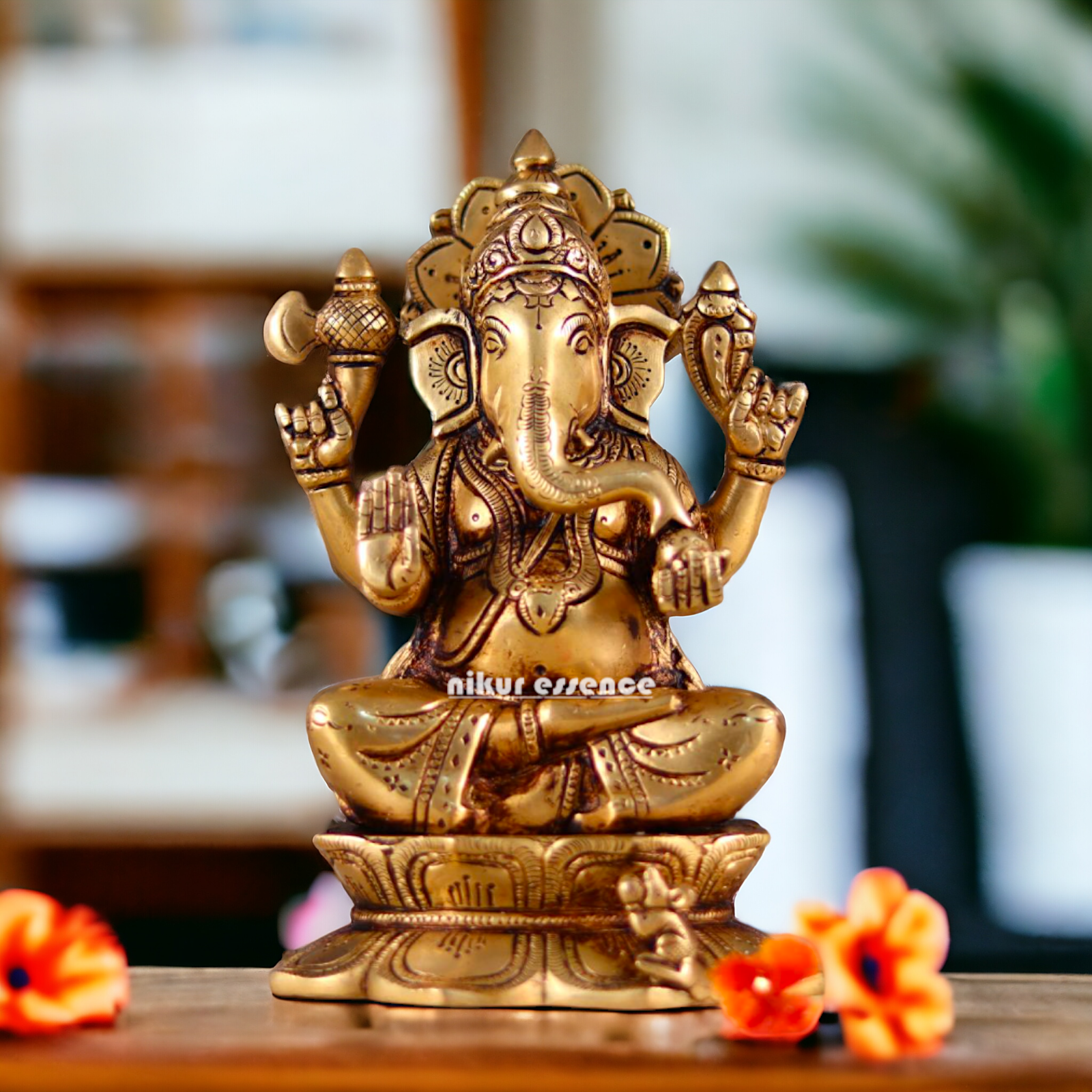 Superfine Brass Ganesha Seated Brass Pital ki Murti - 8 inches Nikuressence