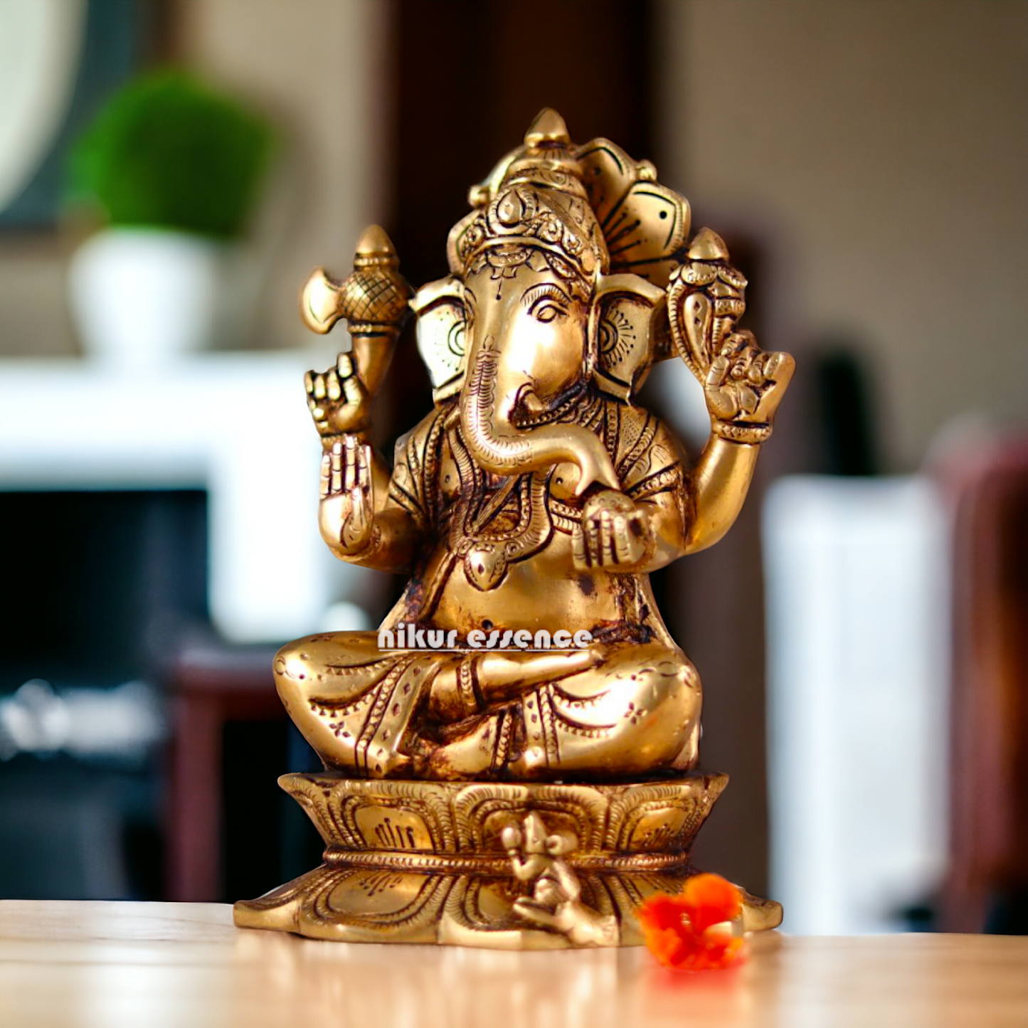 Superfine Brass Ganesha Seated Brass Pital ki Murti - 8 inches Nikuressence