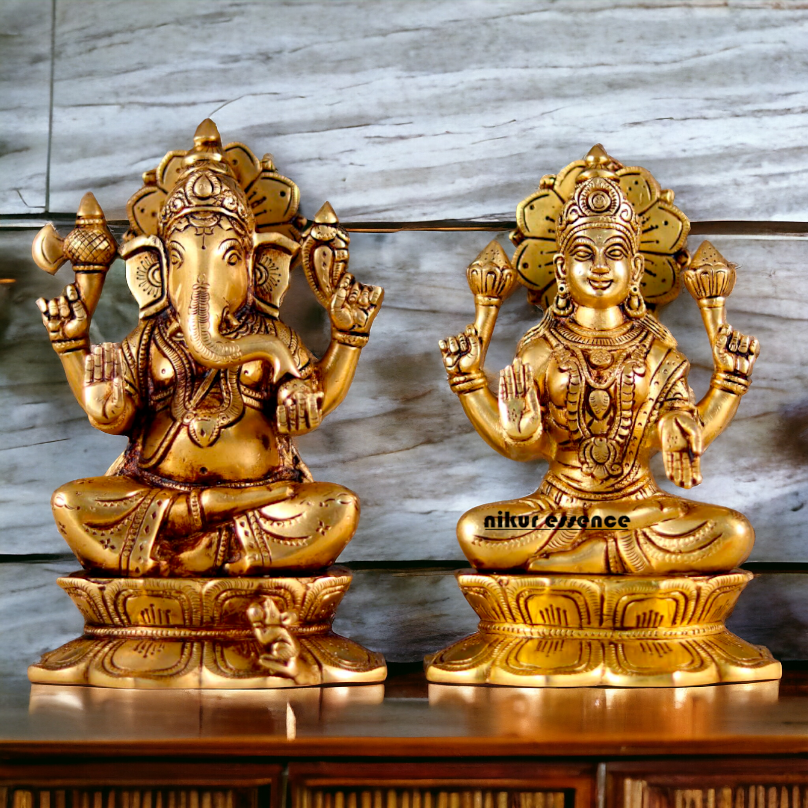 Goddess Lakshmi Ganesha Sitting Pure Brass idol - 8 inches Nikuressence