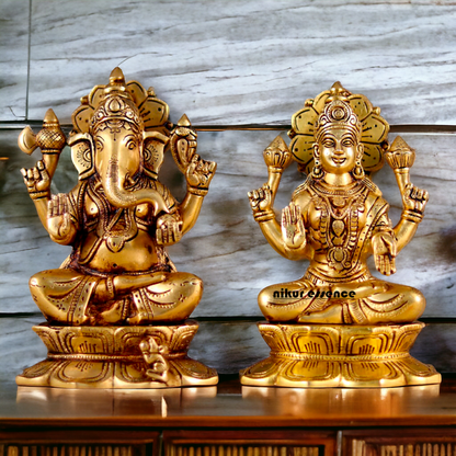 Goddess Lakshmi Ganesha Sitting Pure Brass idol - 8 inches Nikuressence