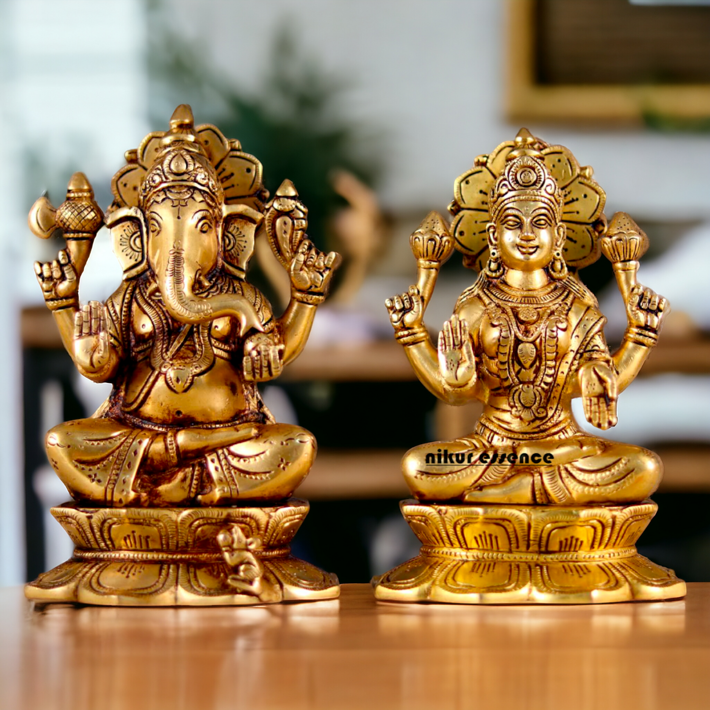 Goddess Lakshmi Ganesha Sitting Pure Brass idol - 8 inches Nikuressence