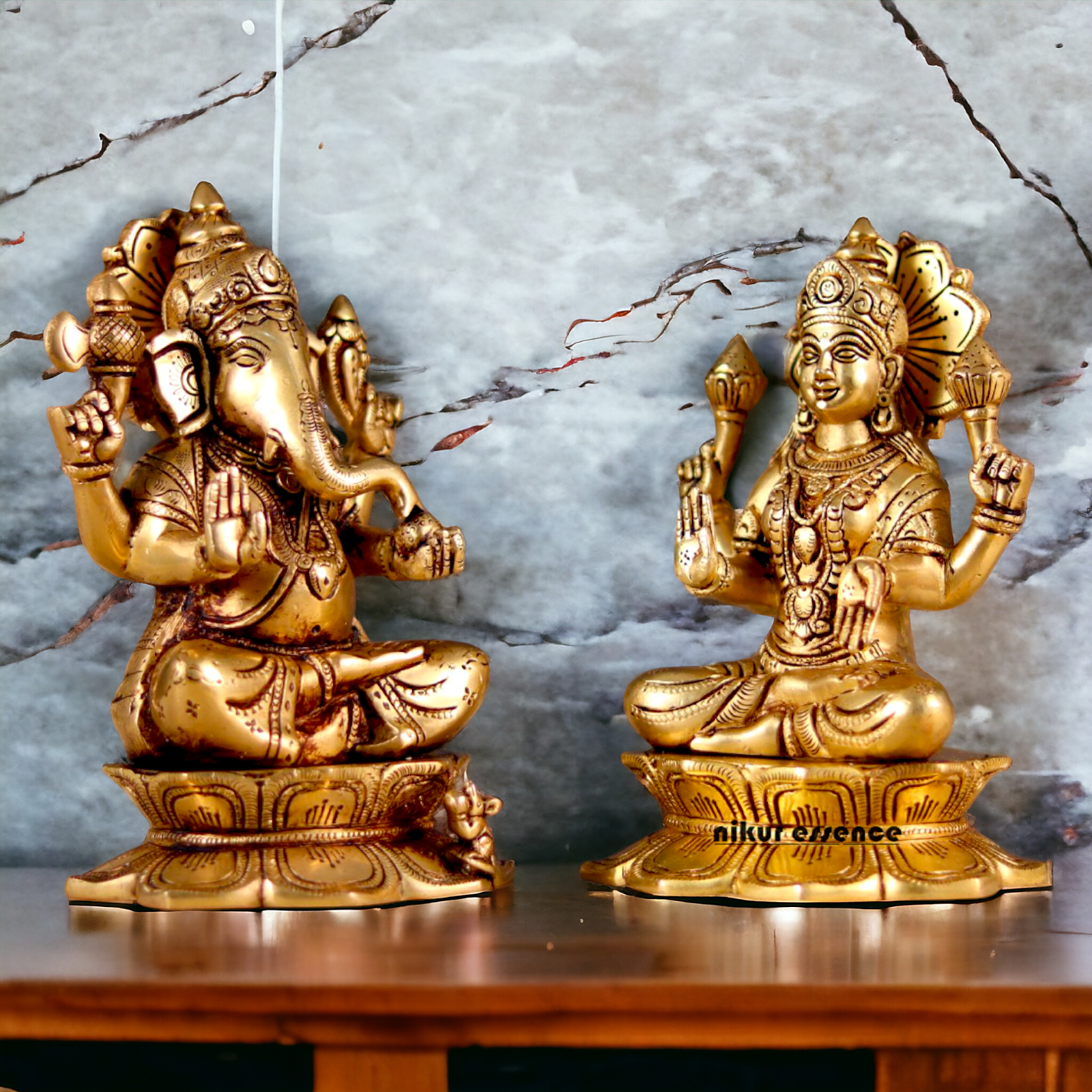 Goddess Lakshmi Ganesha Sitting Pure Brass idol - 8 inches Nikuressence