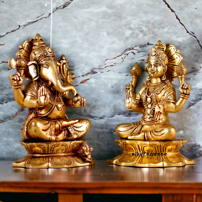Goddess Lakshmi Ganesha Sitting Pure Brass idol - 8 inches Nikuressence