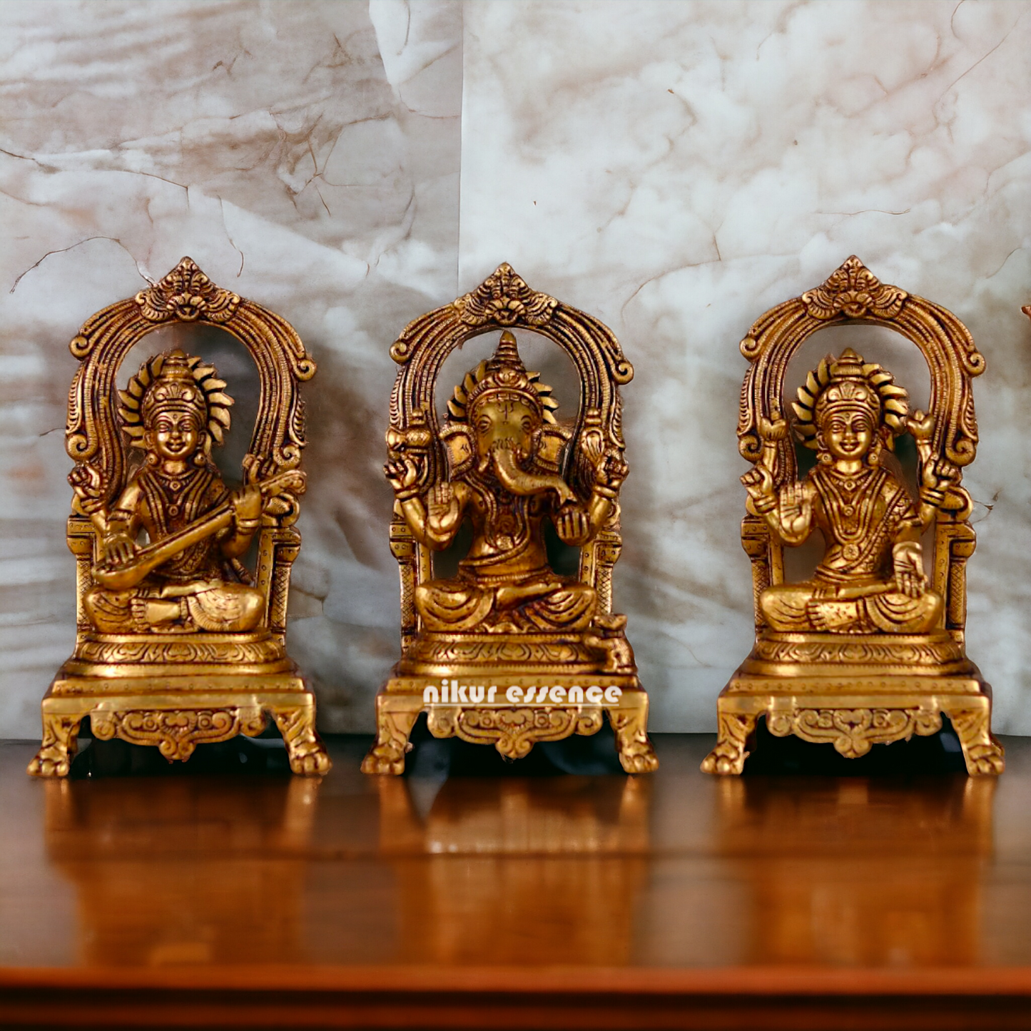 Goddess Lakshmi Ganesha Saraswati Maa pair Pure Brass idol - 9 inches Nikuressence