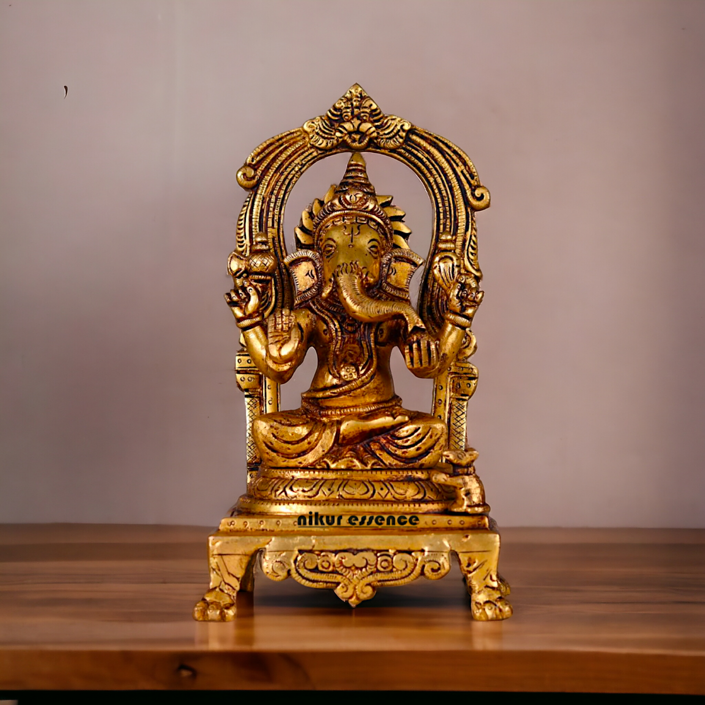 Pital Ganesha Seated on singhasan Brass idol - 9 inches Nikuressence