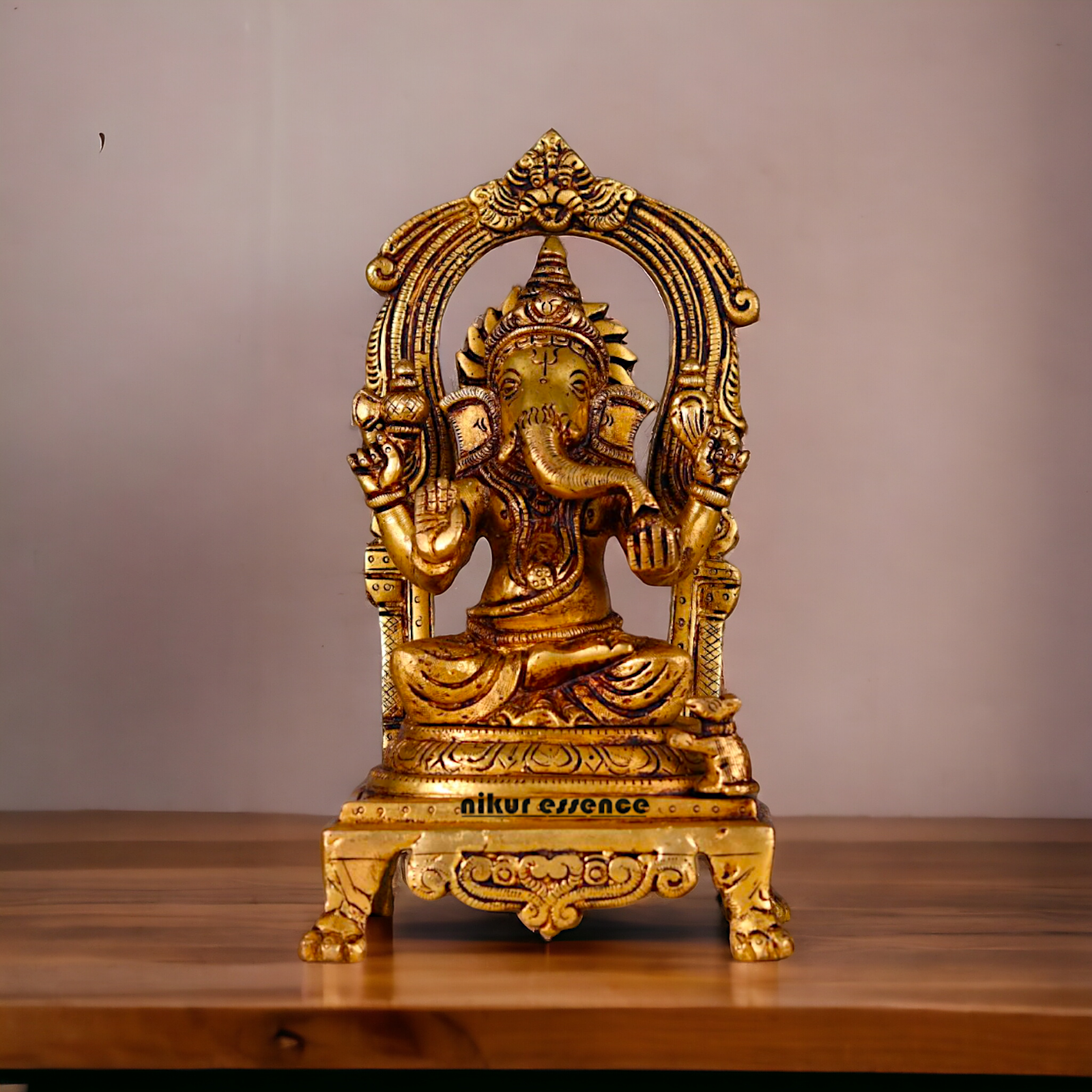 Pital Ganesha Seated on singhasan Brass idol - 9 inches Nikuressence