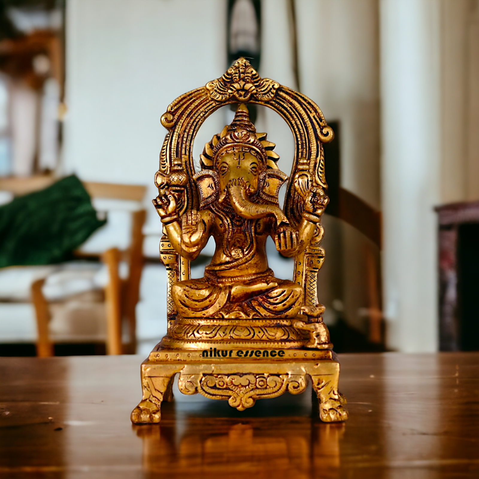 Pital Ganesha Seated on singhasan Brass idol - 9 inches Nikuressence