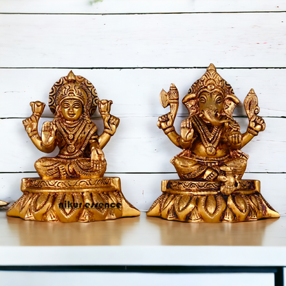 Mahalakshmi Ganesha Seated Brass Pair idol - 5.2 inches Nikuressence