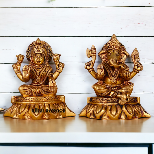 Mahalakshmi Ganesha Seated Brass Pair idol - 5.2 inches Nikuressence