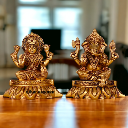 Mahalakshmi Ganesha Seated Brass Pair idol - 5.2 inches Nikuressence