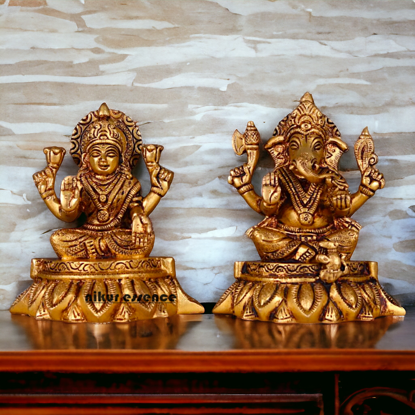 Mahalakshmi Ganesha Seated Brass Pair idol - 5.2 inches Nikuressence
