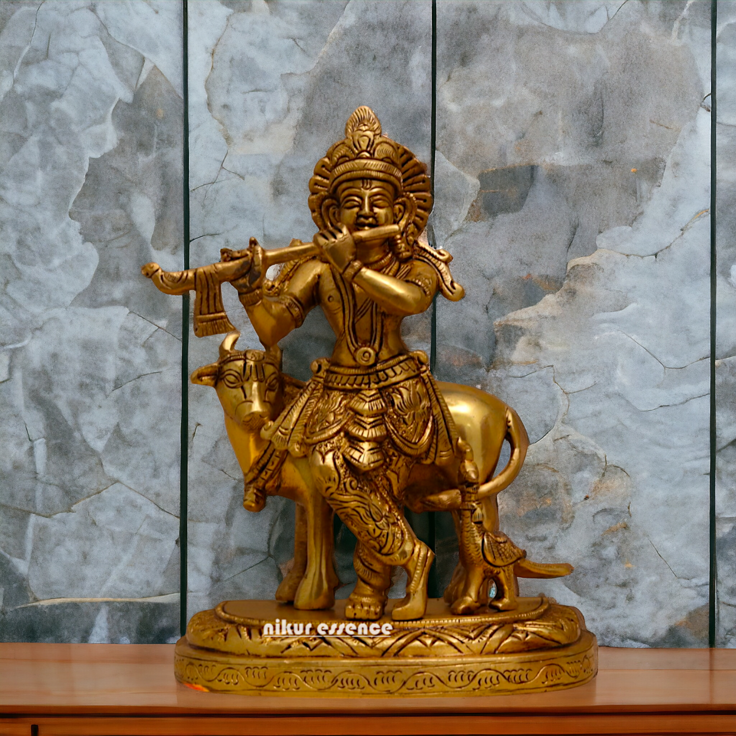 Pure Brass Krishna with cow pital idol - 8 inches Nikuressence
