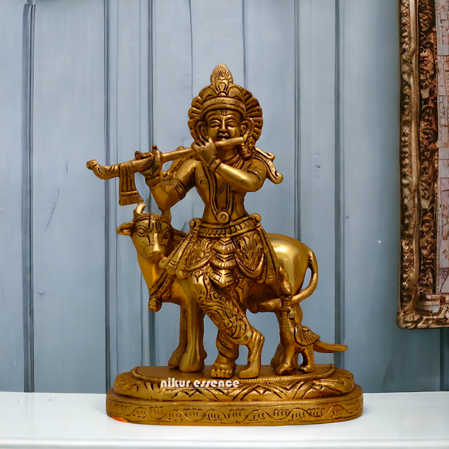 Pure Brass Krishna with cow pital idol - 8 inches Nikuressence
