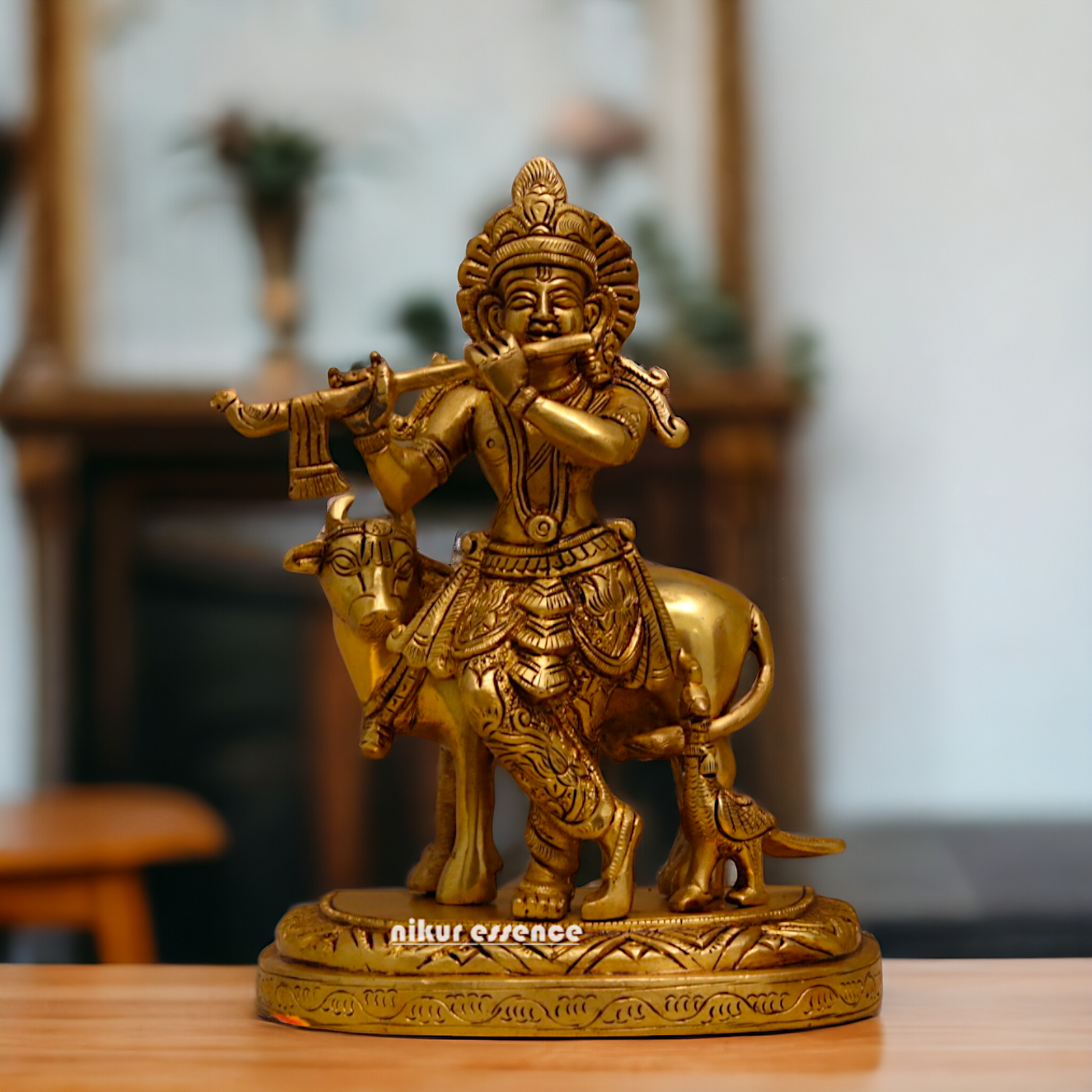 Pure Brass Krishna with cow pital idol - 8 inches Nikuressence