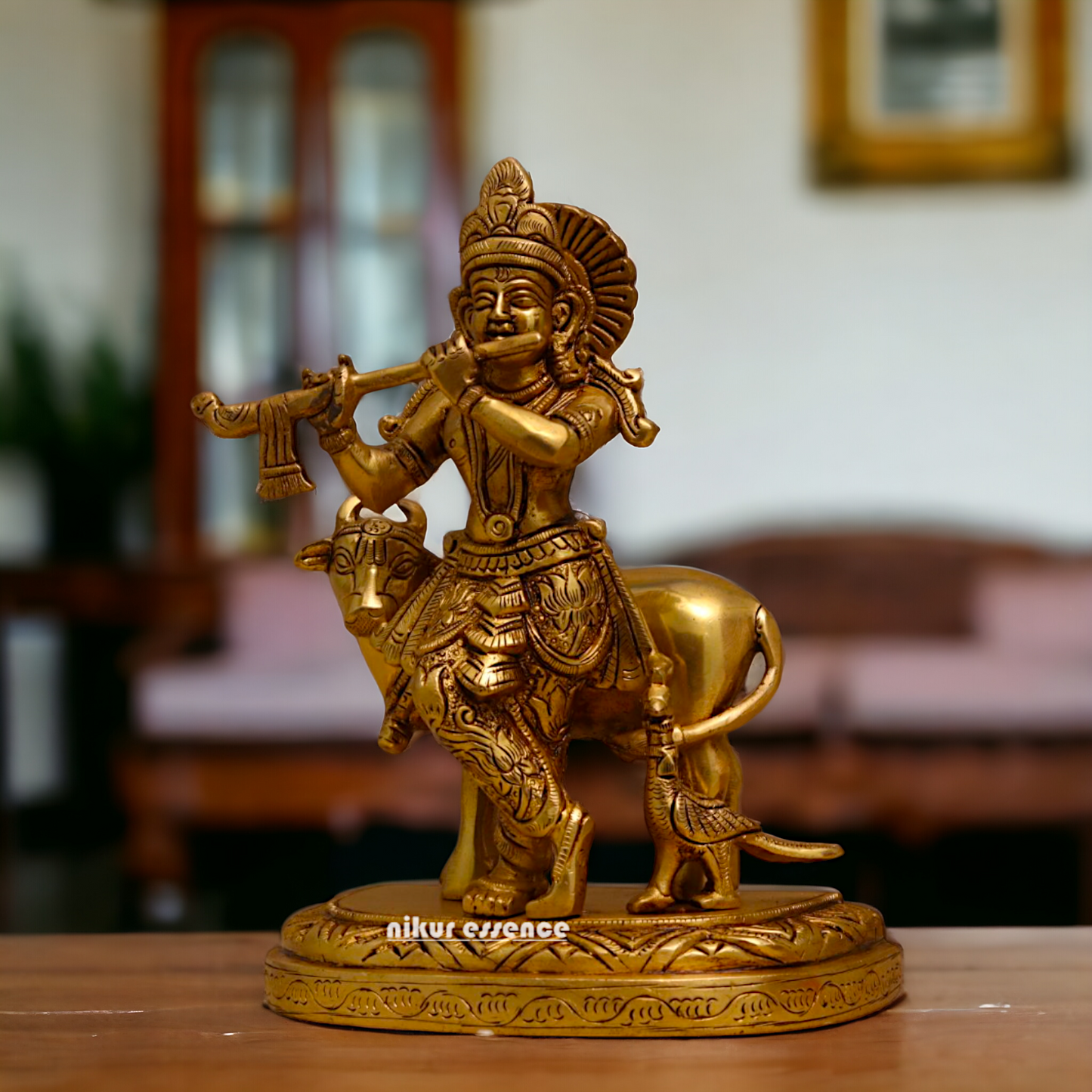 Pure Brass Krishna with cow pital idol - 8 inches Nikuressence