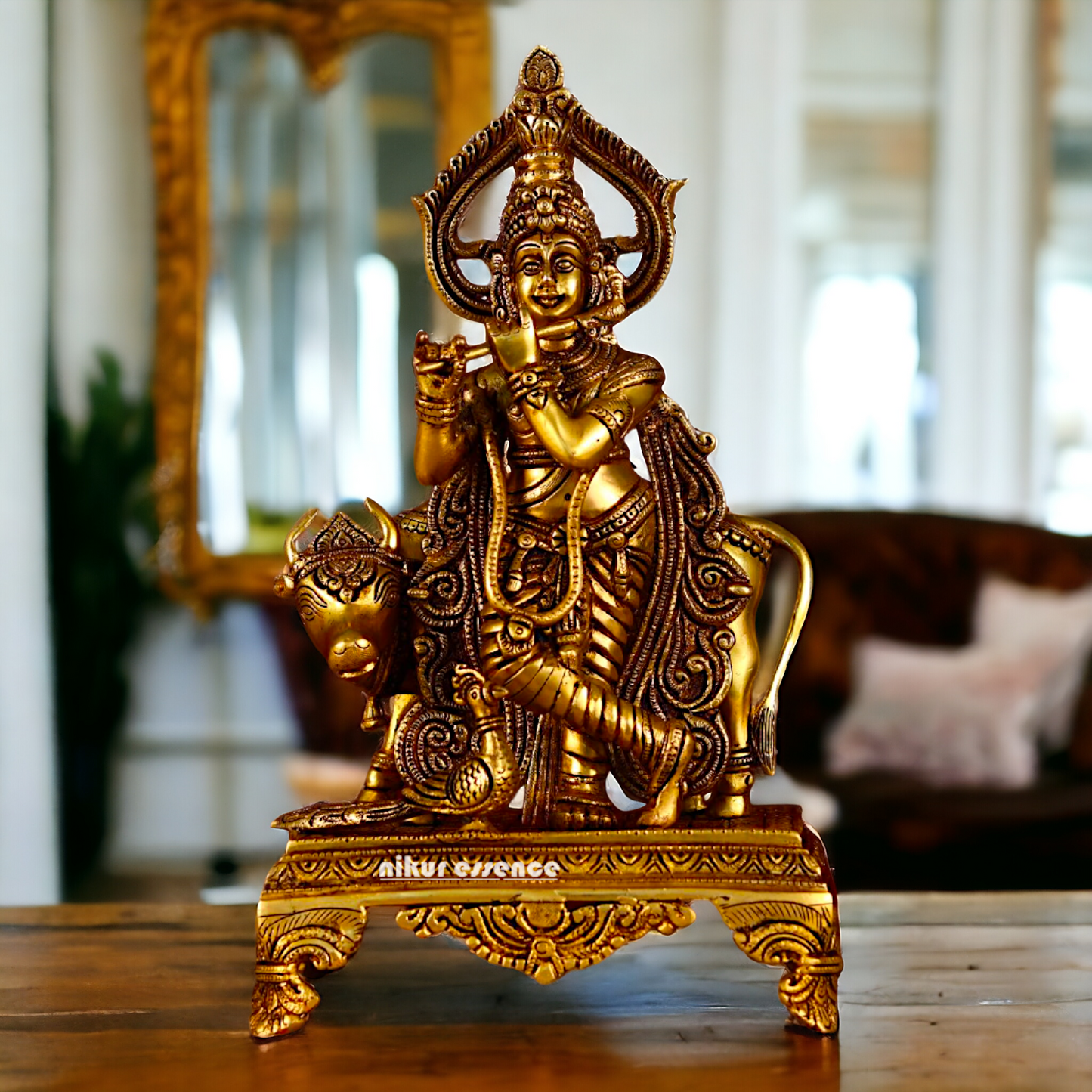 Pital Krishna Cow with Peacock Brass idol - 14 inches Nikuressence
