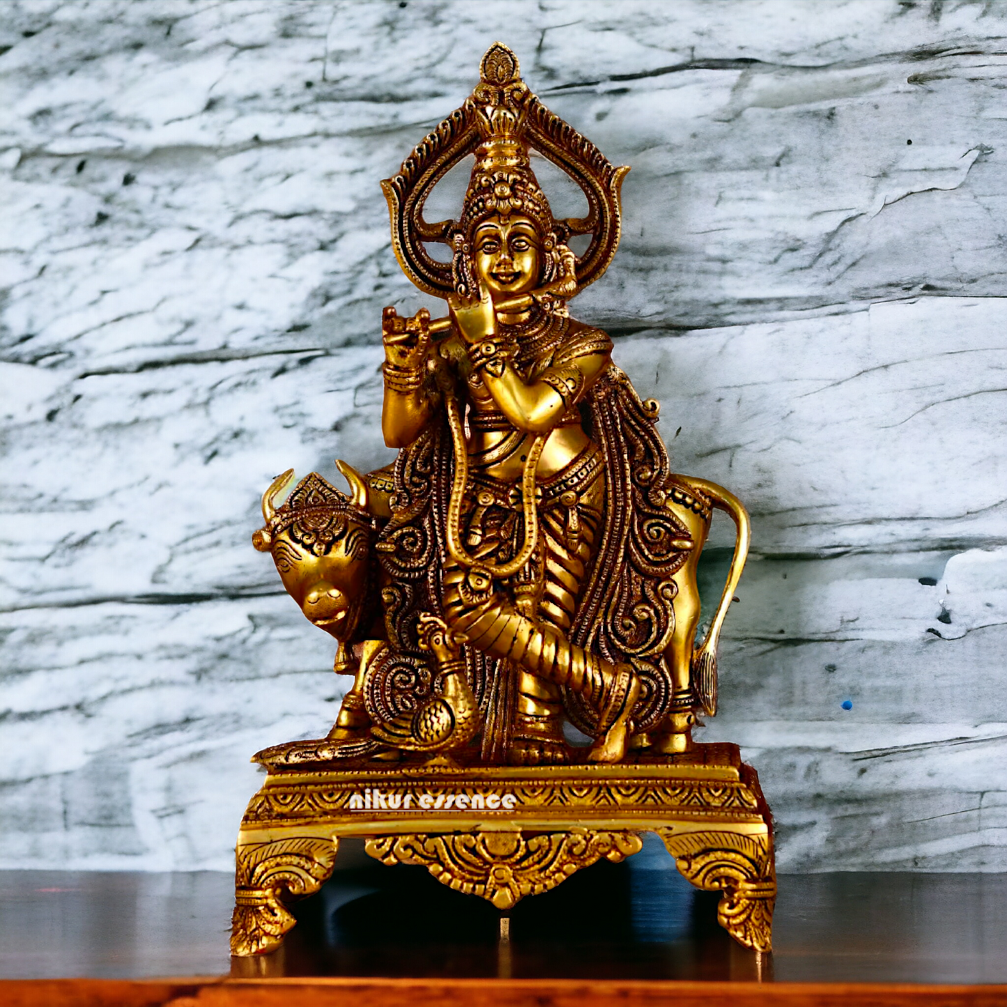 Pital Krishna Cow with Peacock Brass idol - 14 inches Nikuressence
