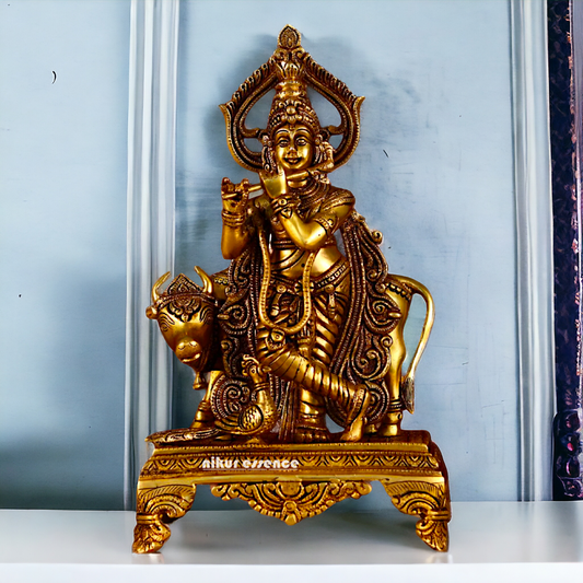 Pital Krishna Cow with Peacock Brass idol - 14 inches Nikuressence