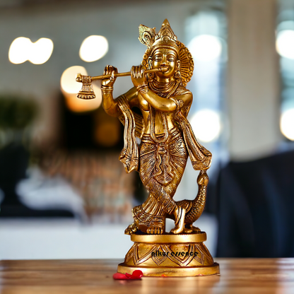Krishna Murli Playing Flute with Peacock Pital Brass idol - 15 inches Nikuressence