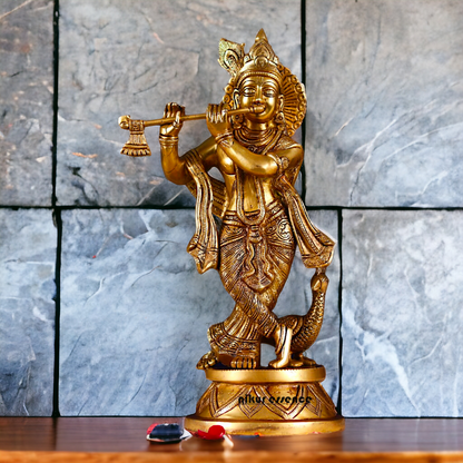 Krishna Murli Playing Flute with Peacock Pital Brass idol - 15 inches Nikuressence