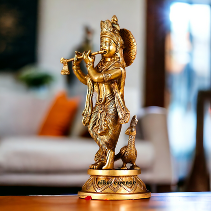 Krishna Murli Playing Flute with Peacock Pital Brass idol - 15 inches Nikuressence