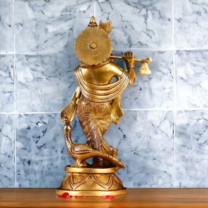 Krishna Murli Playing Flute with Peacock Pital Brass idol - 15 inches Nikuressence
