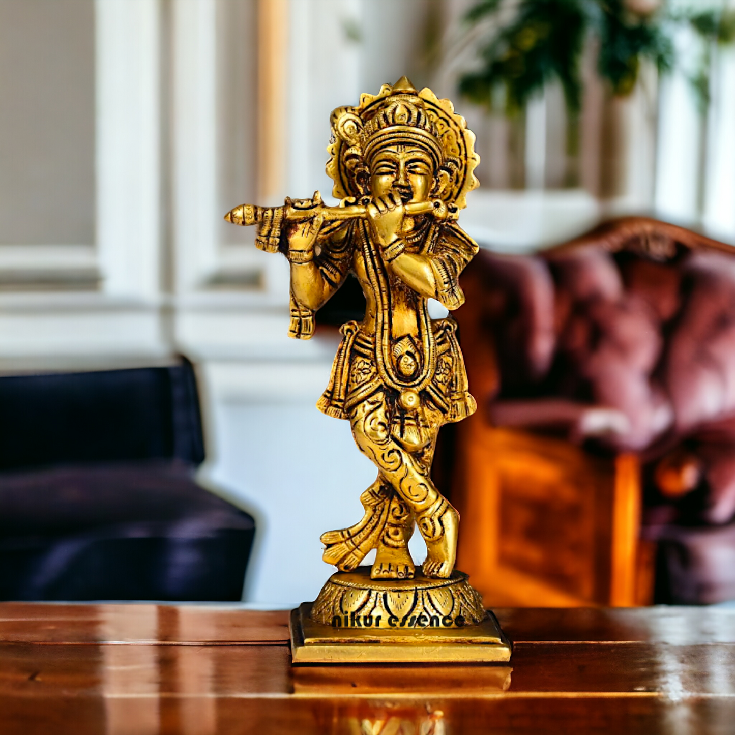 Superfine Brass Krishna Standing Playing Flute Pital idol - 7.5 inches Nikuressence